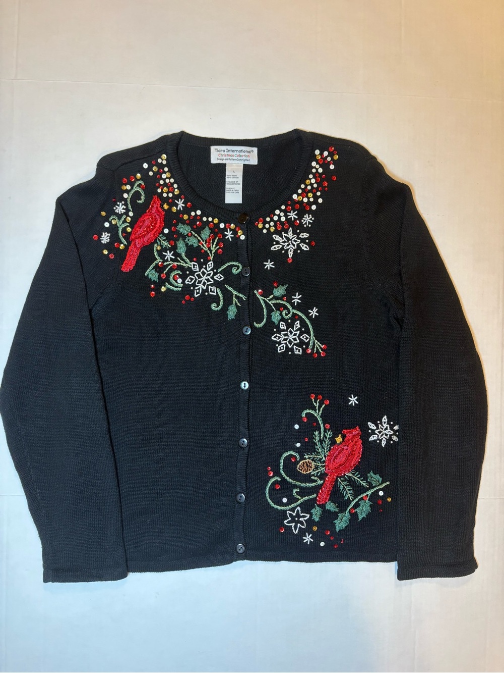 Tiara International Black Ramie & Cotton Blend Holiday Cardinals Cardigan Size L